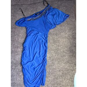 FOREVER 21 Bodycon Dress Women S Blue One Shoulder Neck Side Ruched Fitted Waist